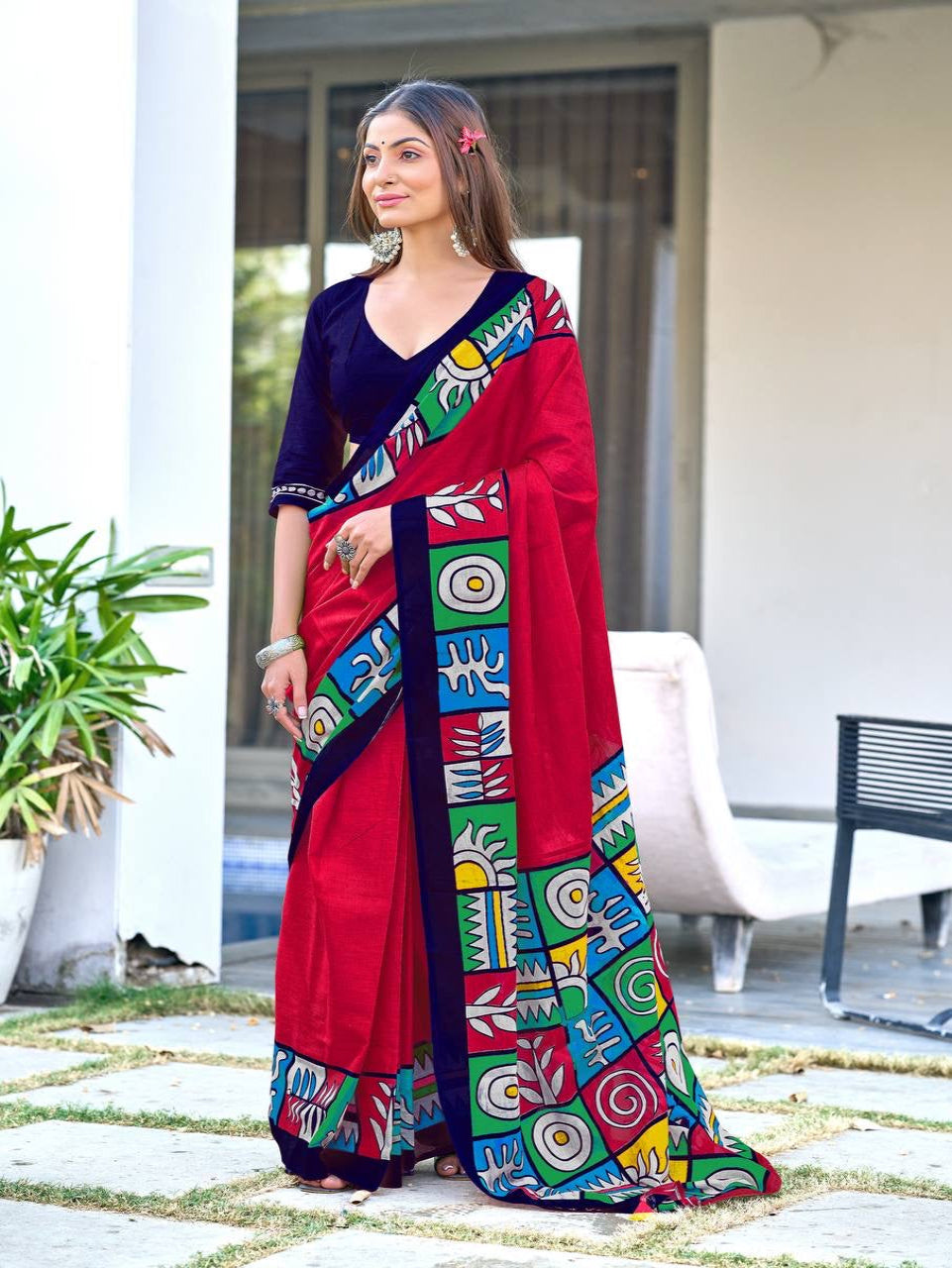 Red Cotton Saree with Colorful Folk Art Border
