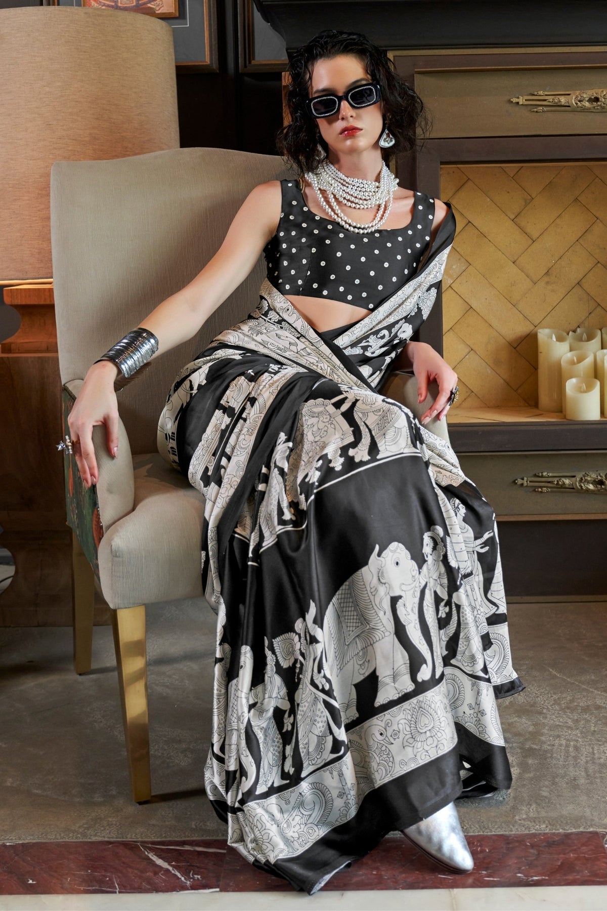 Jet Black and White Ajrakh Patola Printed Satin Crepe Saree