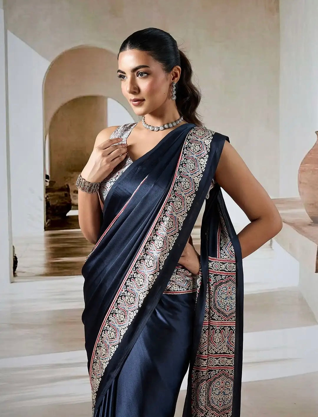 Midnight Black Ajrakh Gala Border Saree
