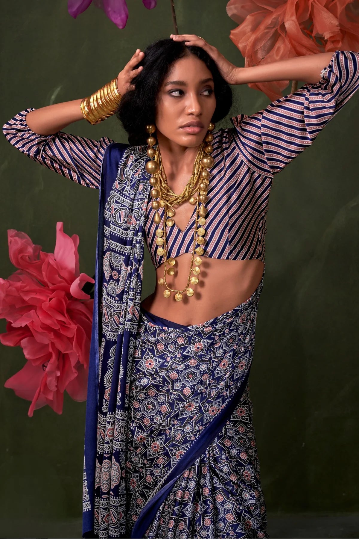 Blue Ajrakh Printed Satin Crepe Silk Saree