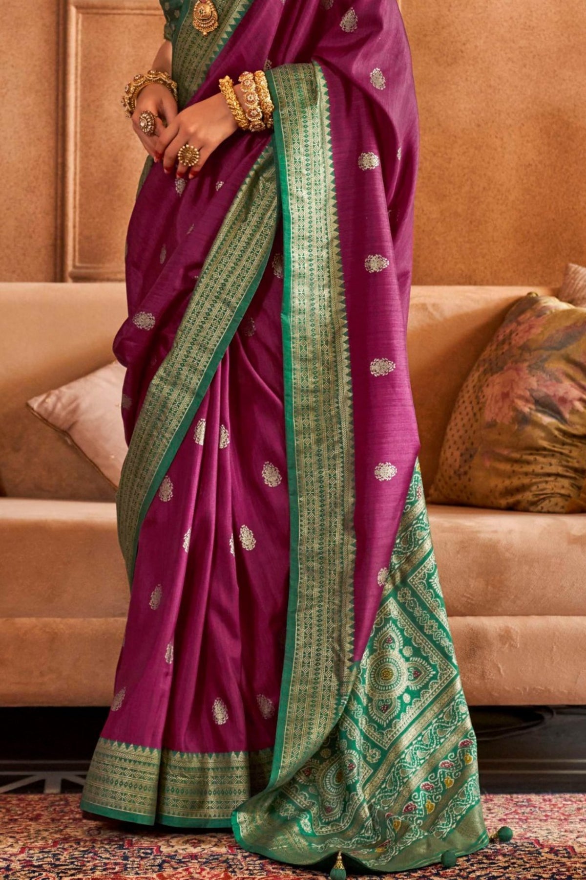 Purple and Green Printed Patola Saree