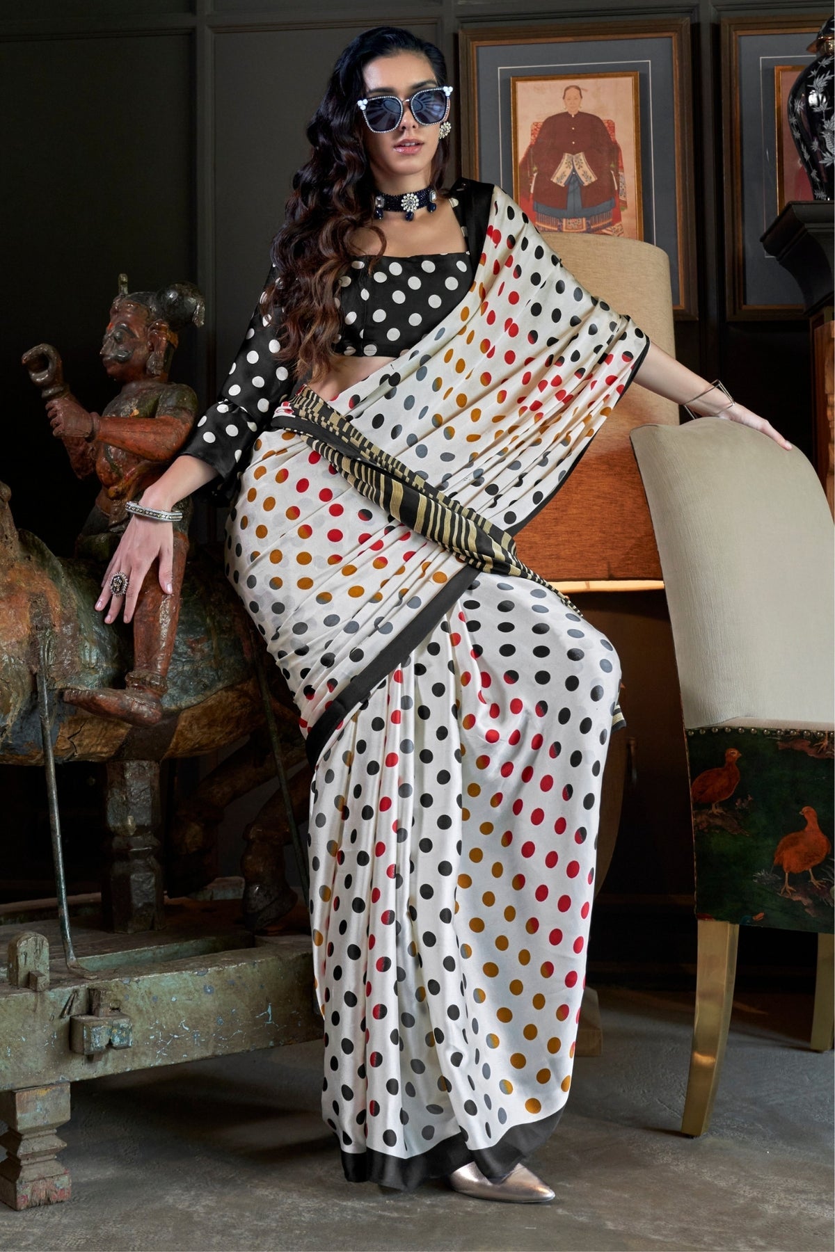 White and Black Ajrakh Patola Printed Satin Crepe Saree