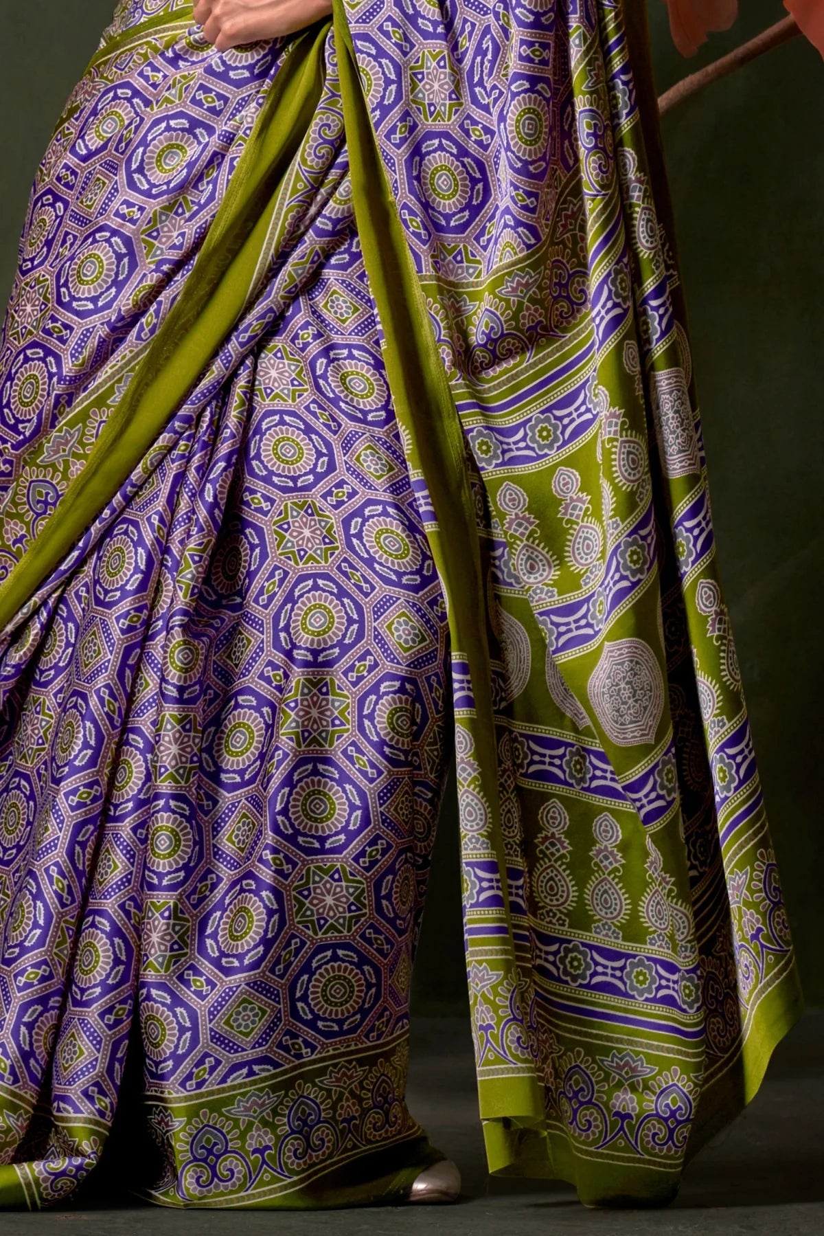 Purple and Green Ajrakh Printed Satin Crepe Silk Saree