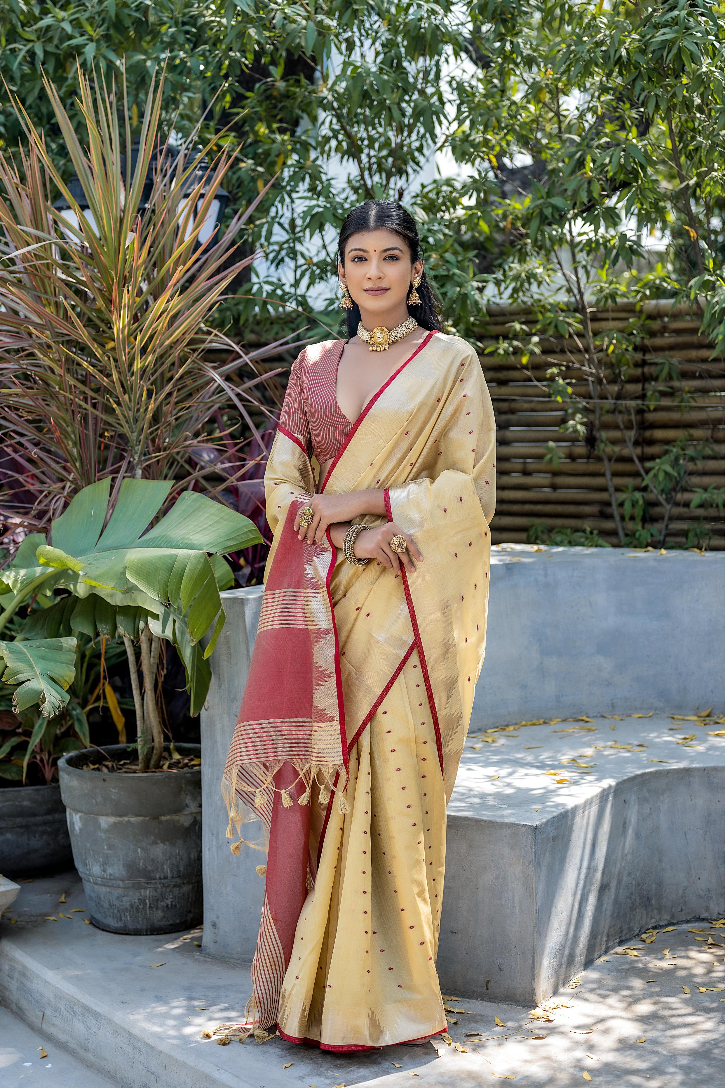 Cream Zari Woven Banarasi Raw Silk Saree