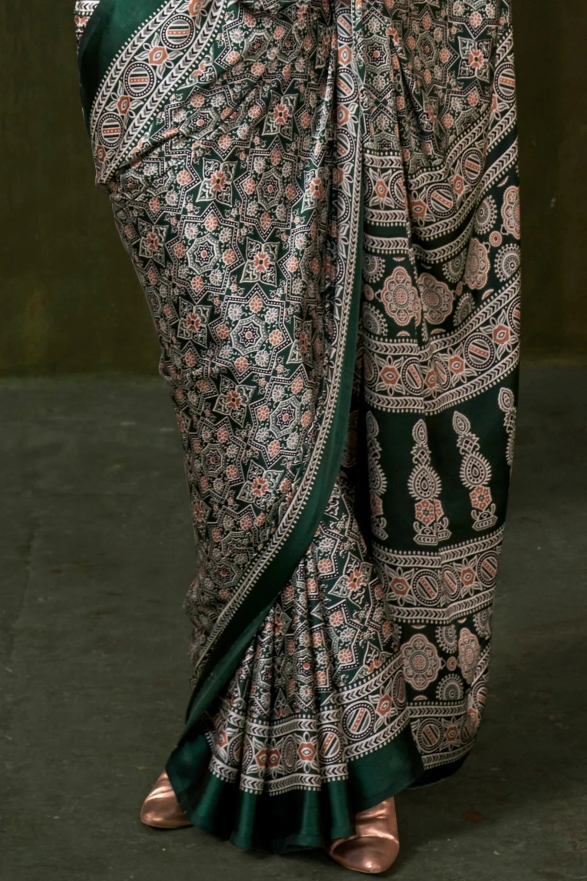 Green Ajrakh Printed Satin Crepe Silk Saree