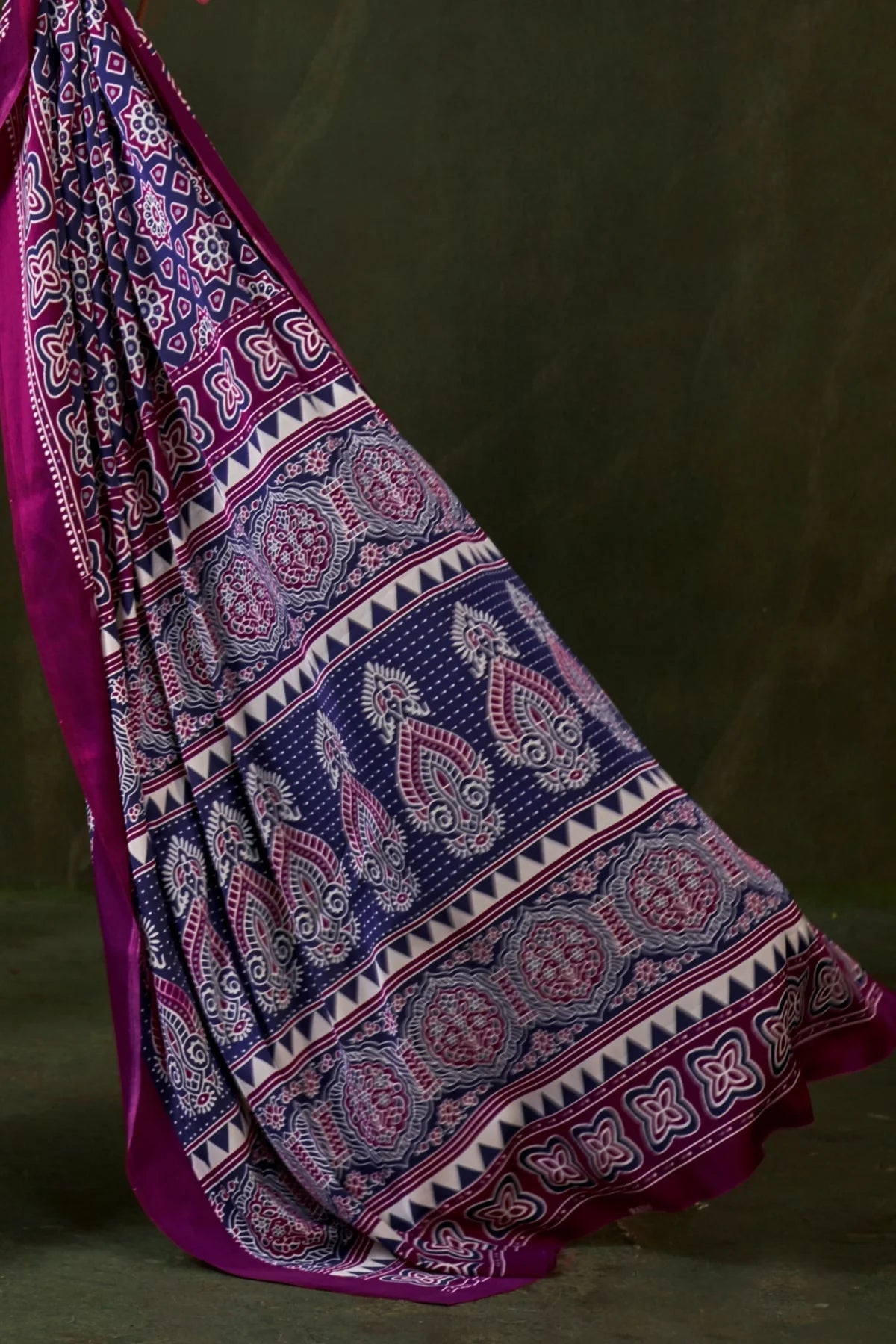 Purple Ajrakh Printed Satin Crepe Silk Saree