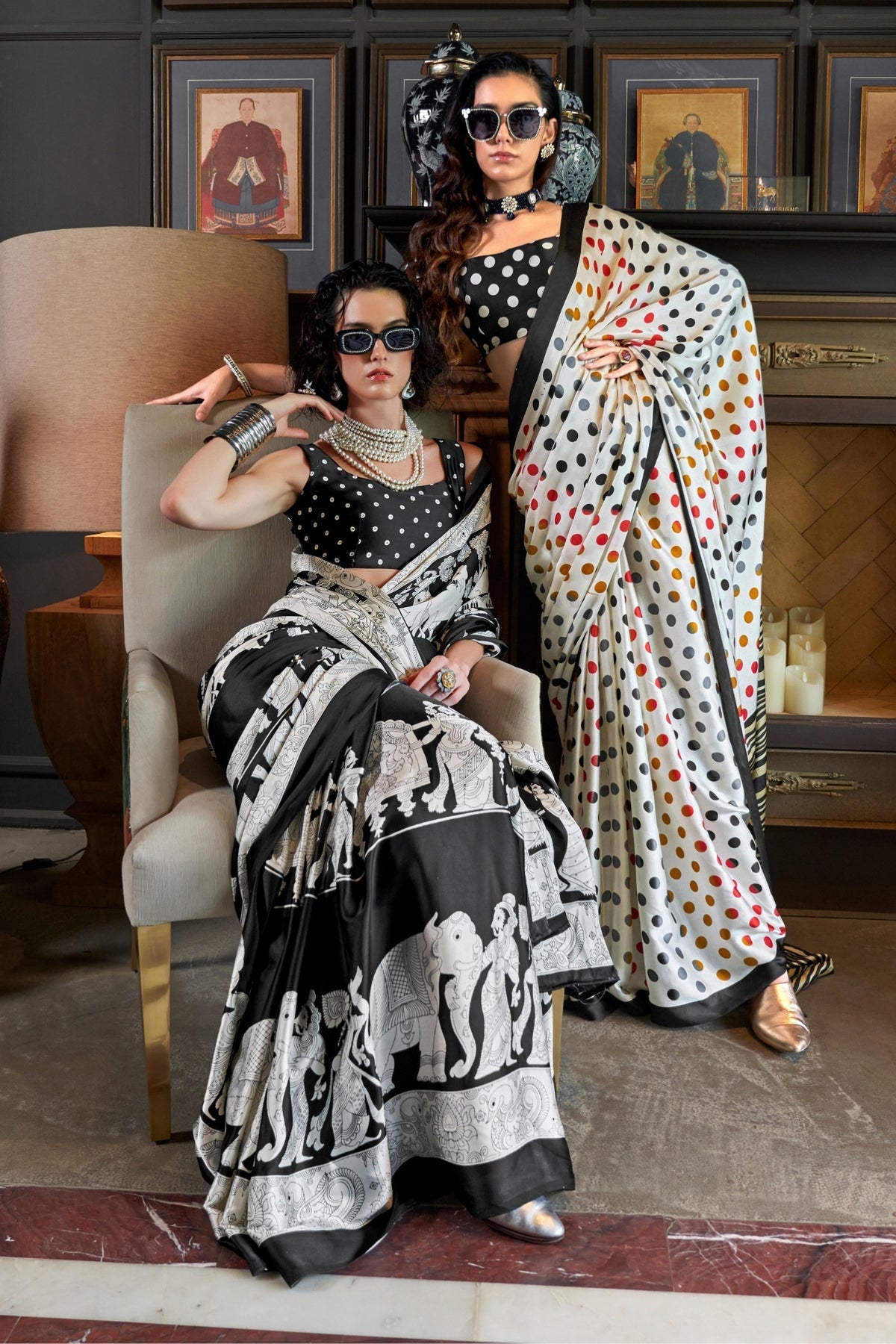 White and Black Ajrakh Patola Printed Satin Crepe Saree