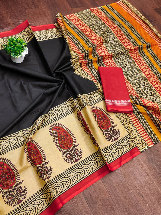 Black and Beige Kalamkari-Inspired Block Print Cotton Saree