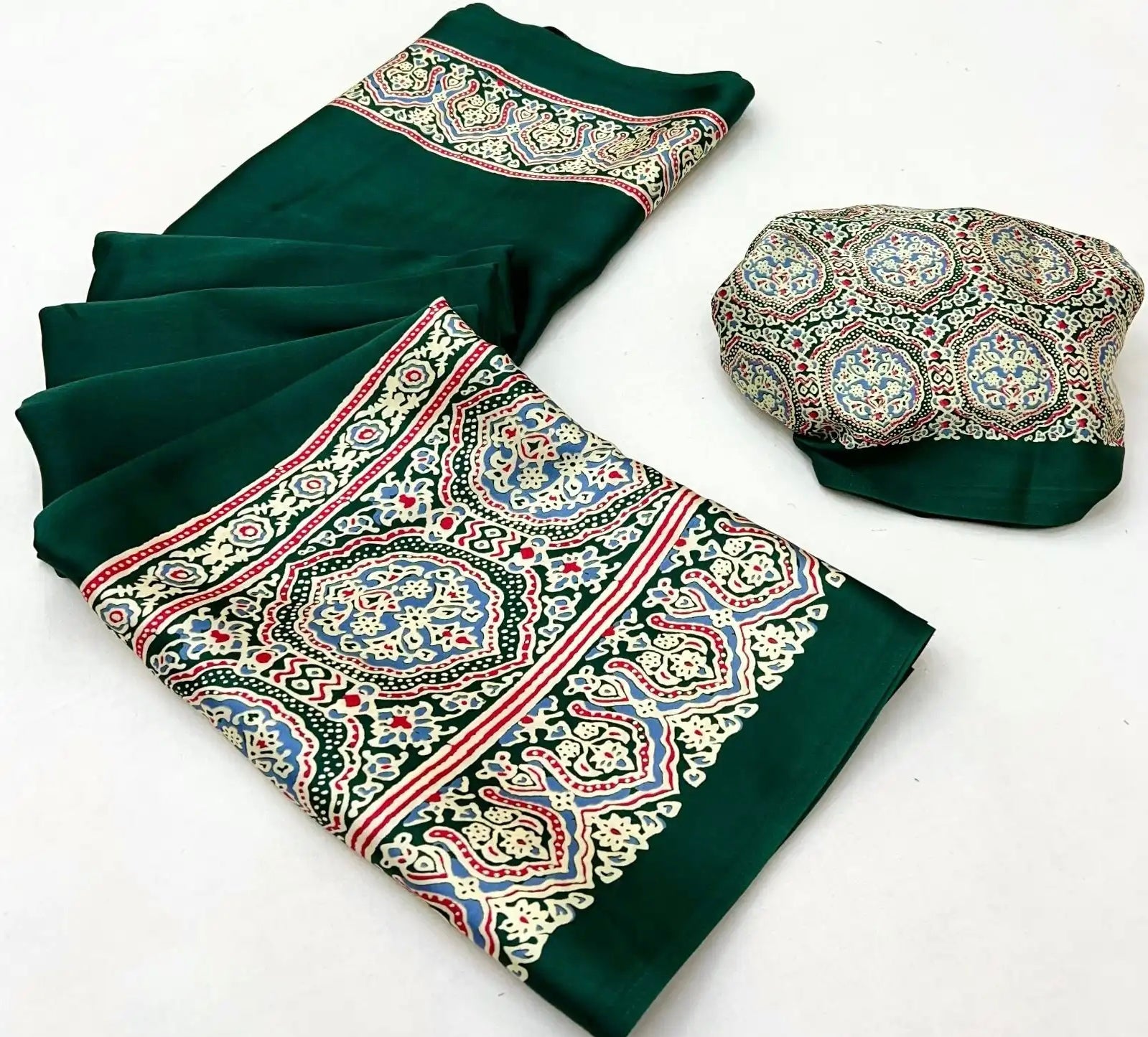 Emerald Green Ajrakh Gala Border Saree