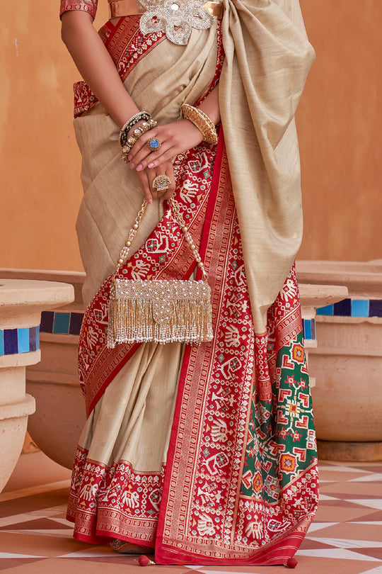 Elegant Beige Handwoven Patola Silk Saree