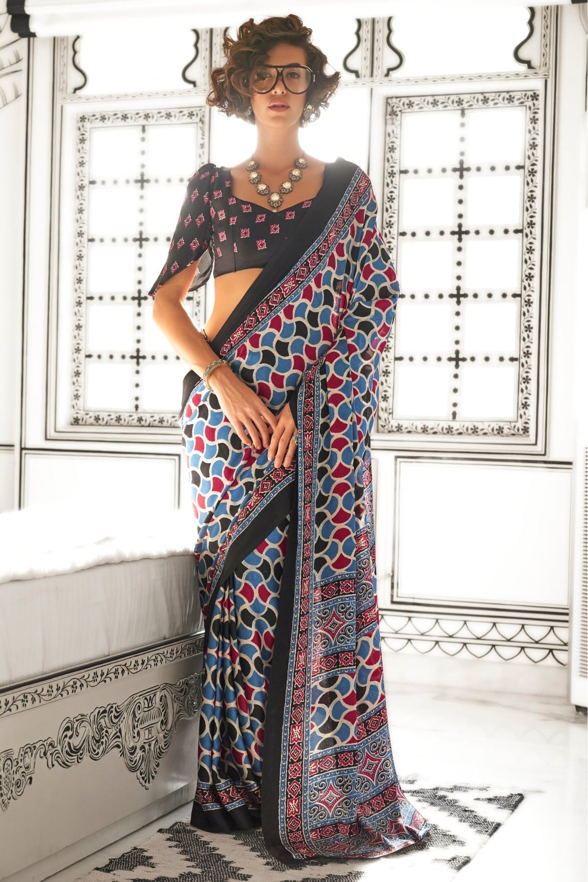 Blue and Black Ajrakh Printed Satin Crepe Saree