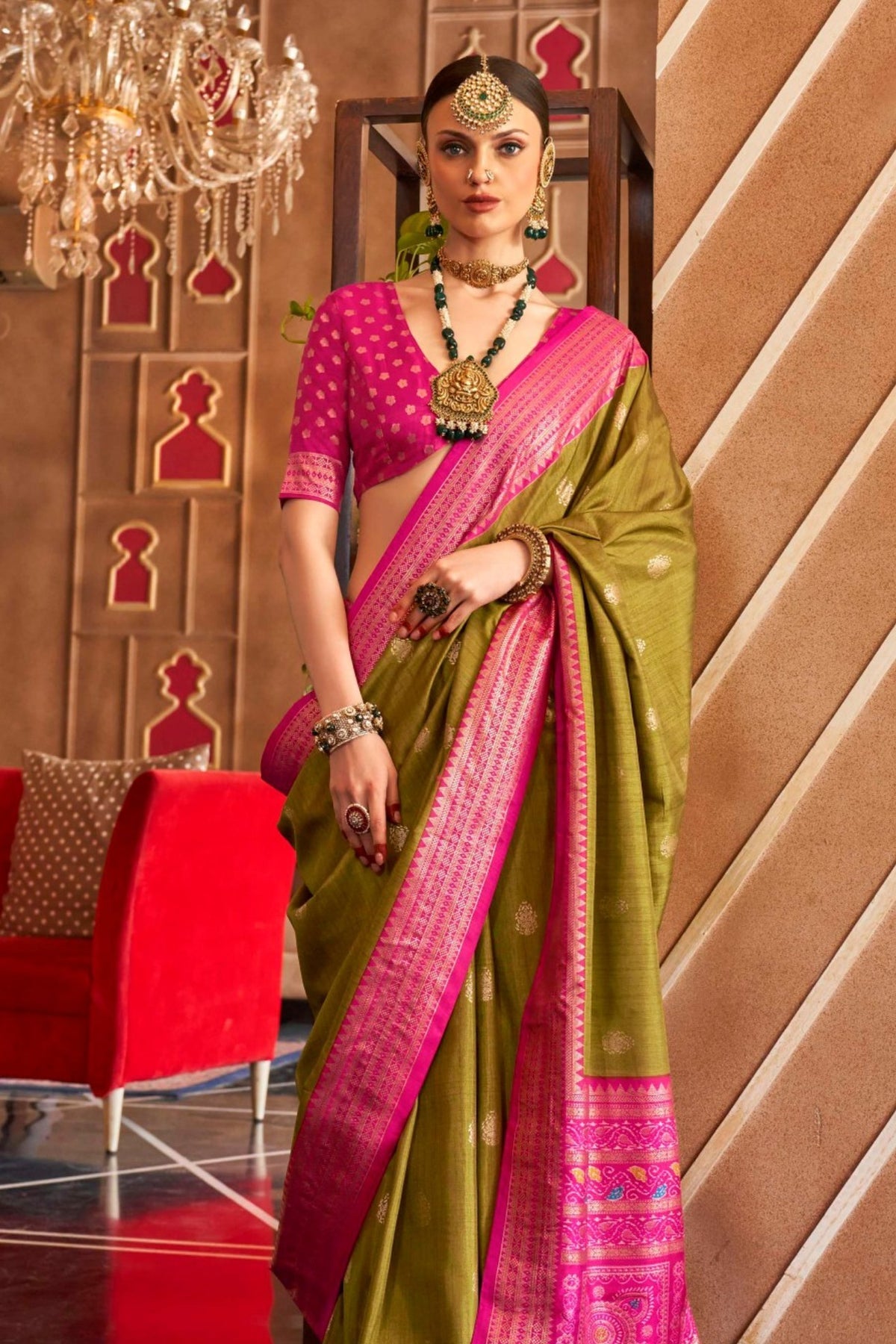 Green and Pink Printed Patola Saree