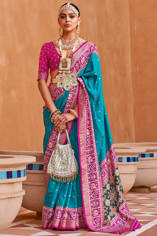 Teal Blue Handwoven Patola Silk Saree