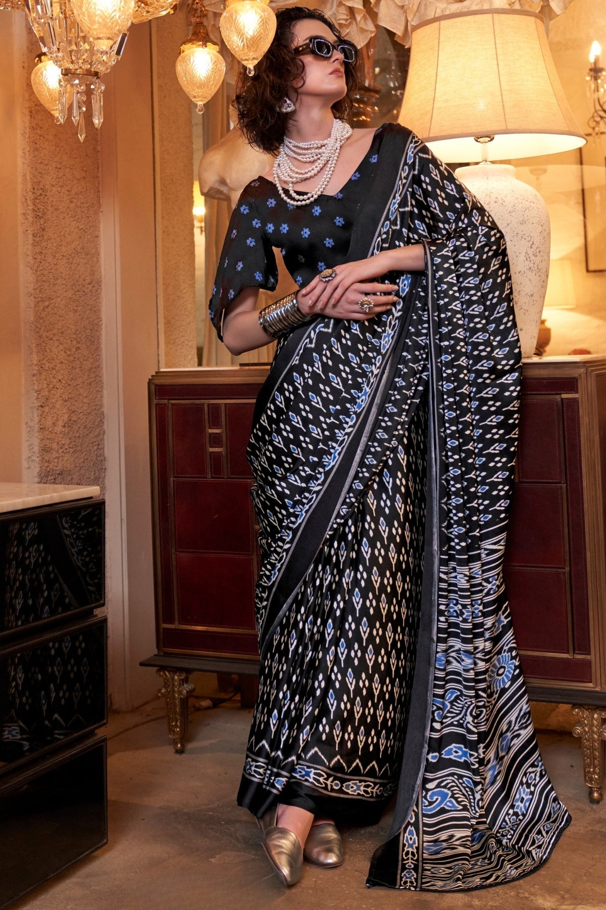 Spider Black Ajrakh Patola Printed Satin Crepe Saree