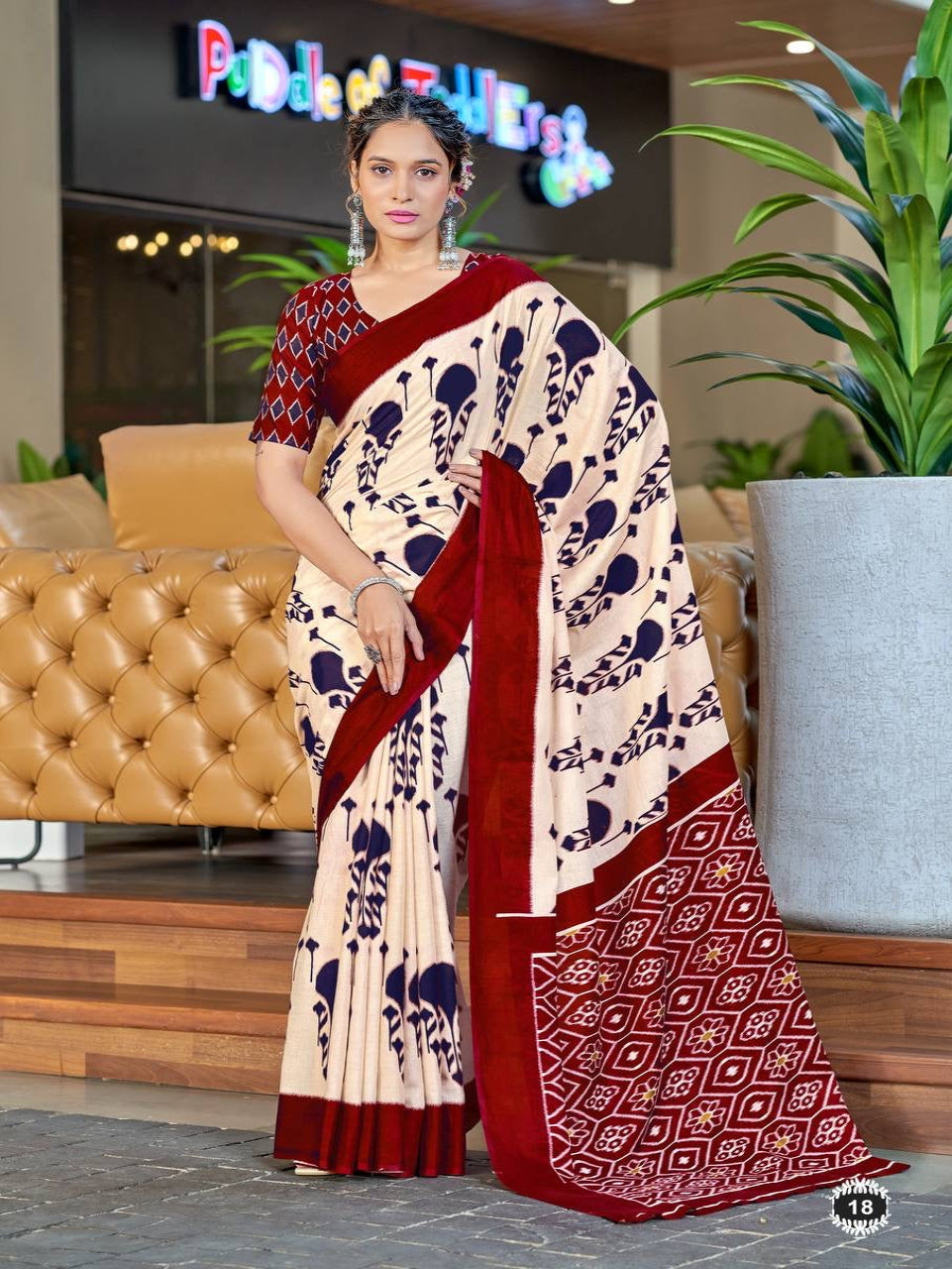 Off-White and Maroon Printed Cotton Saree