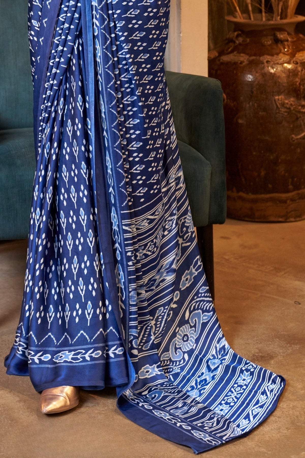 Egyptian Blue Ajrakh Patola Printed Satin Crepe Saree