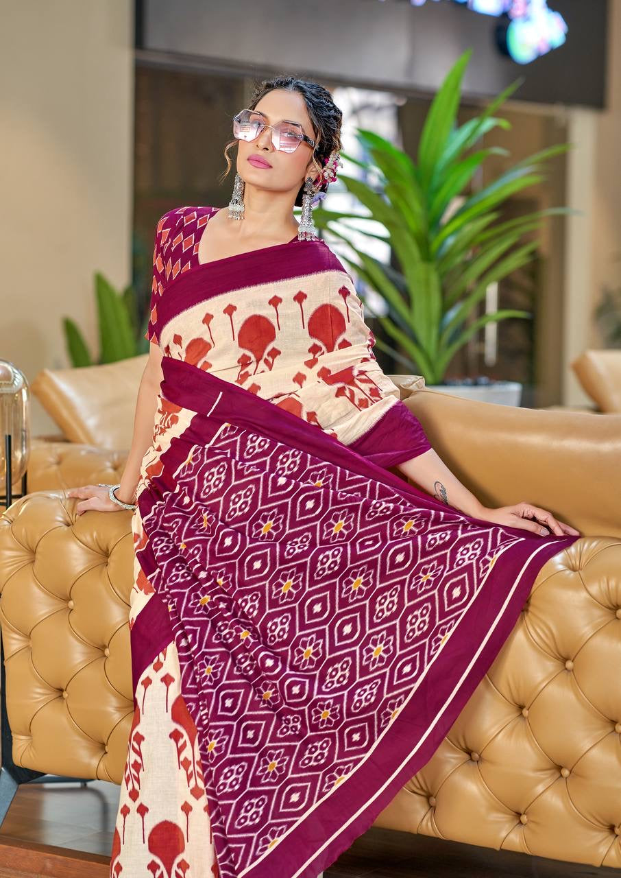 Off-White and Wine Printed Cotton Saree