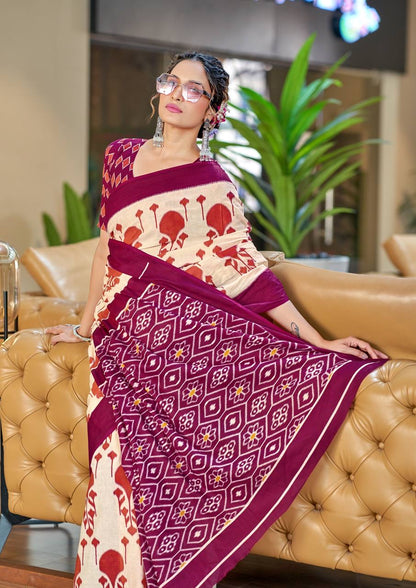 Off-White and Wine Printed Cotton Saree