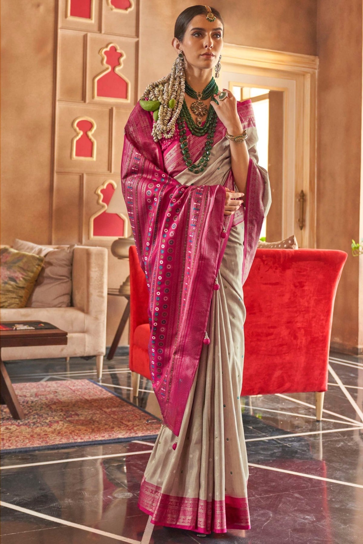 Cream and Pink Printed Patola Saree