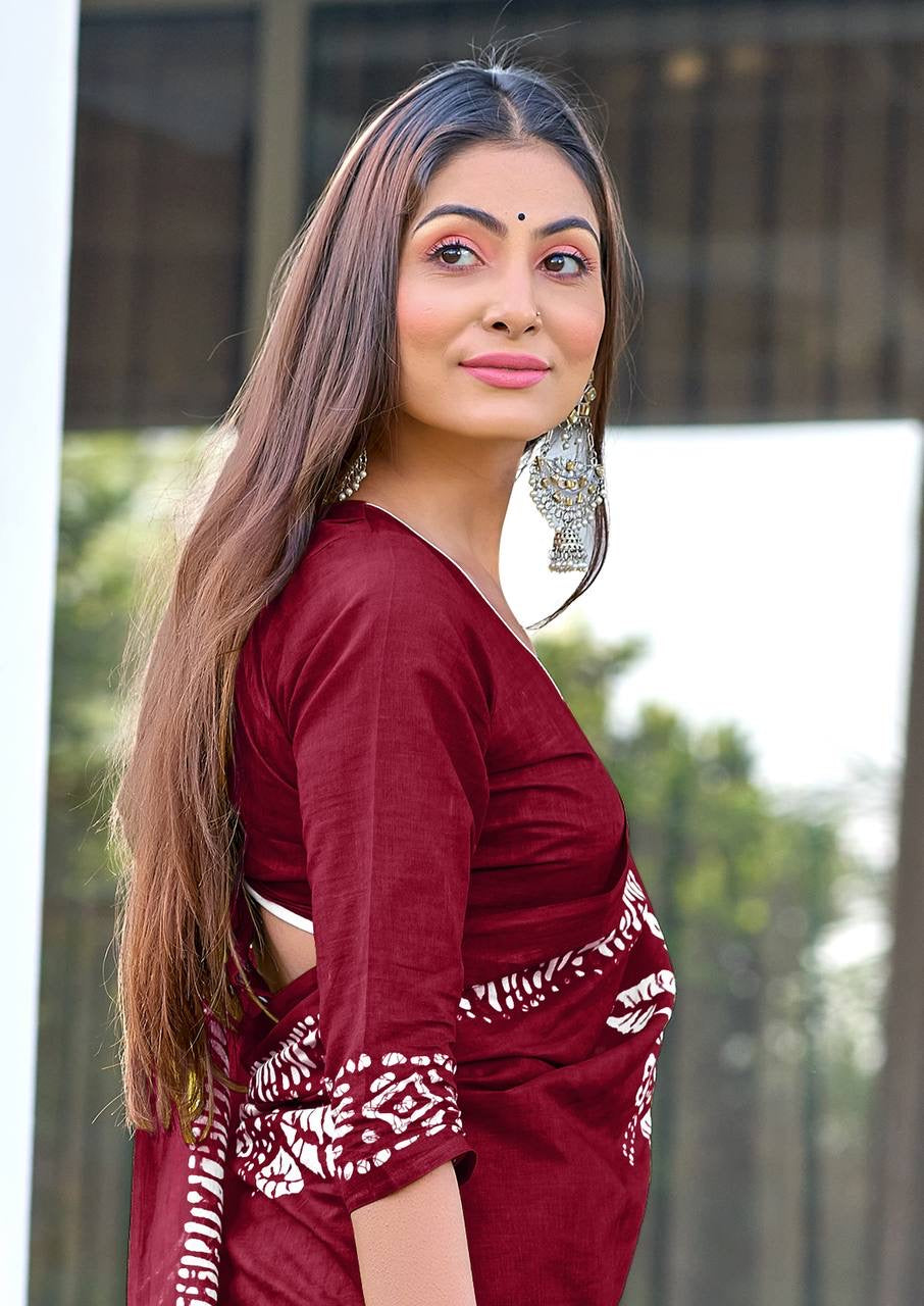 Graceful Maroon Handcrafted Bandhani Cotton Saree