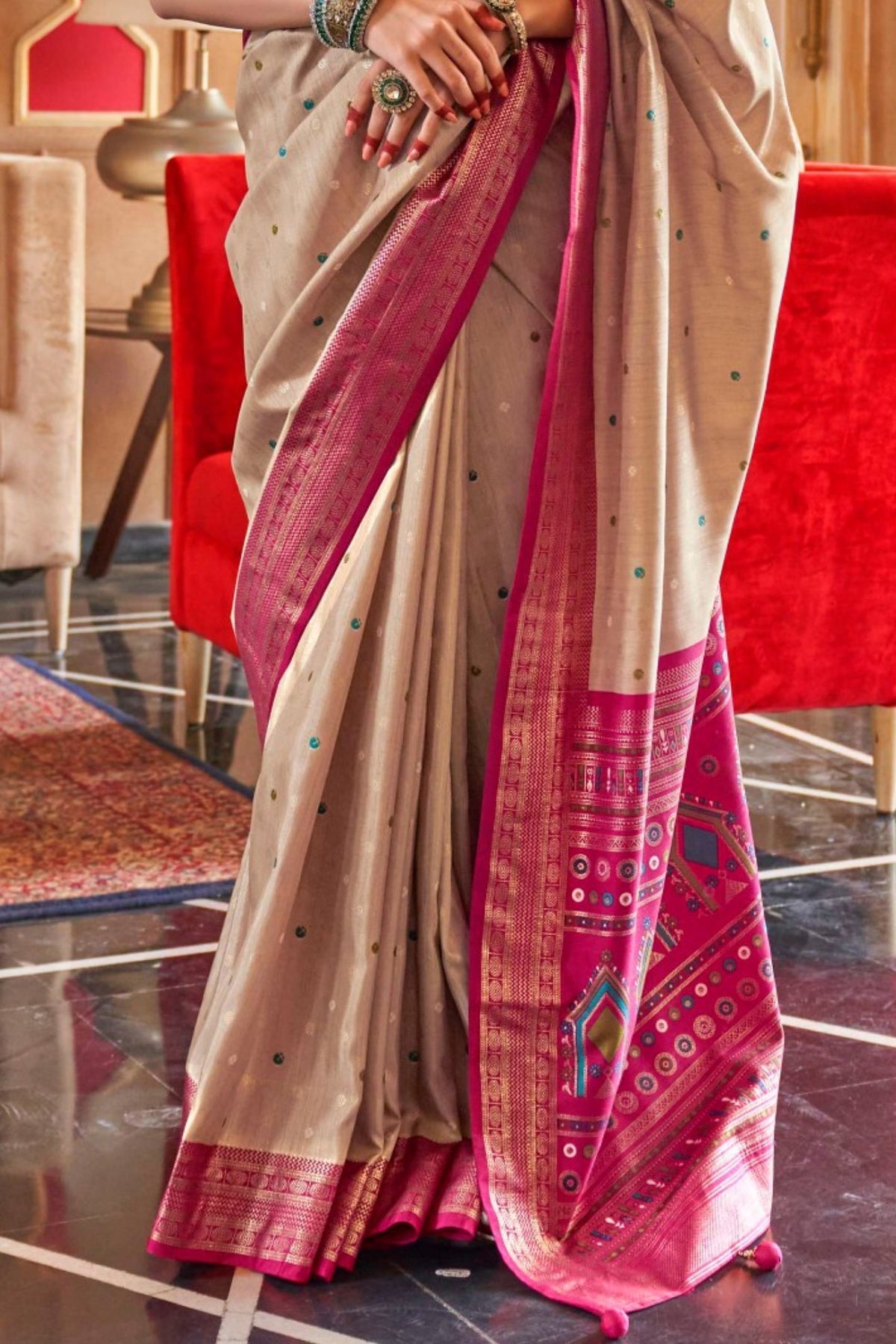 Cream and Pink Printed Patola Saree