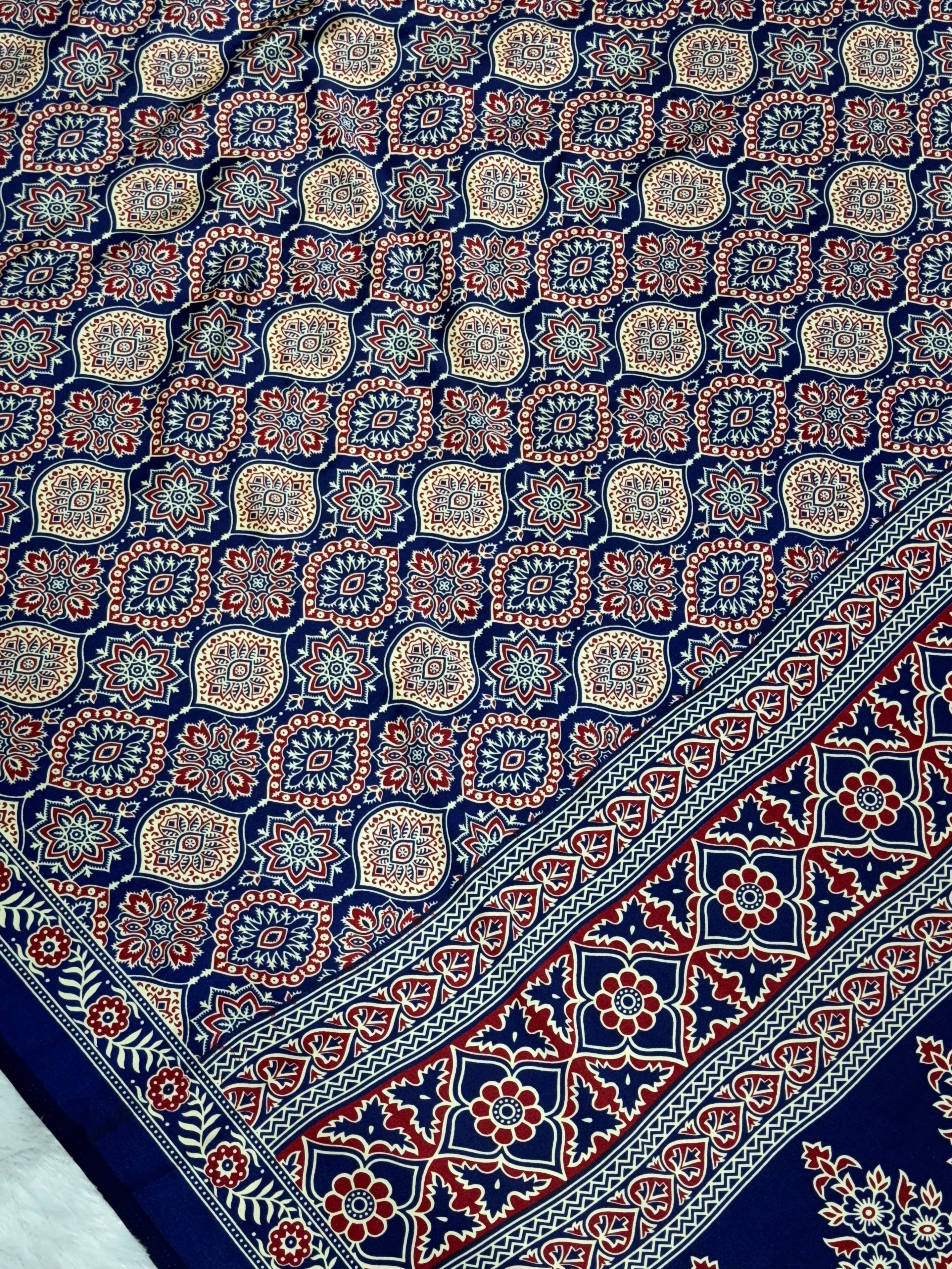 Blue Printed Ajrakh Satin Crepe Silk Saree