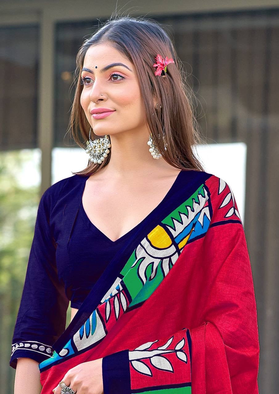 Red Cotton Saree with Colorful Folk Art Border