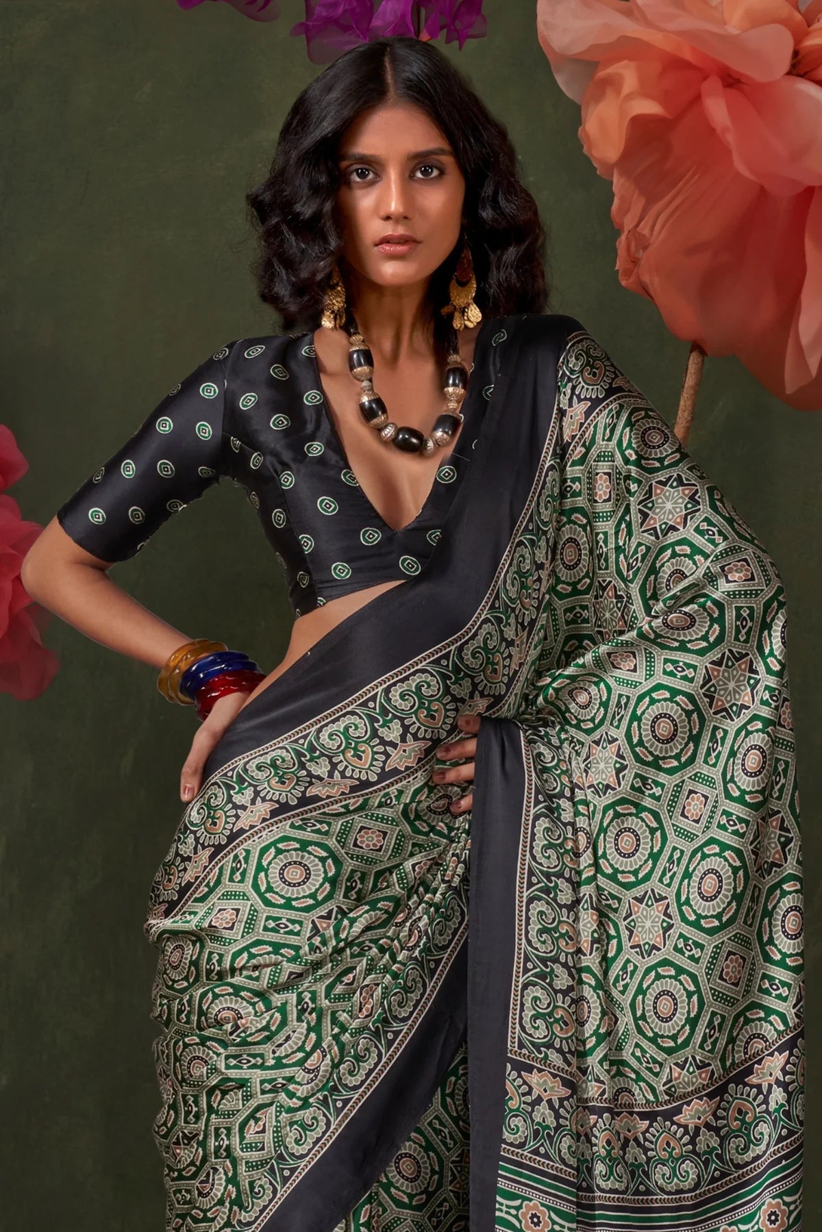 Green Ajrakh Printed Satin Crepe Silk Saree