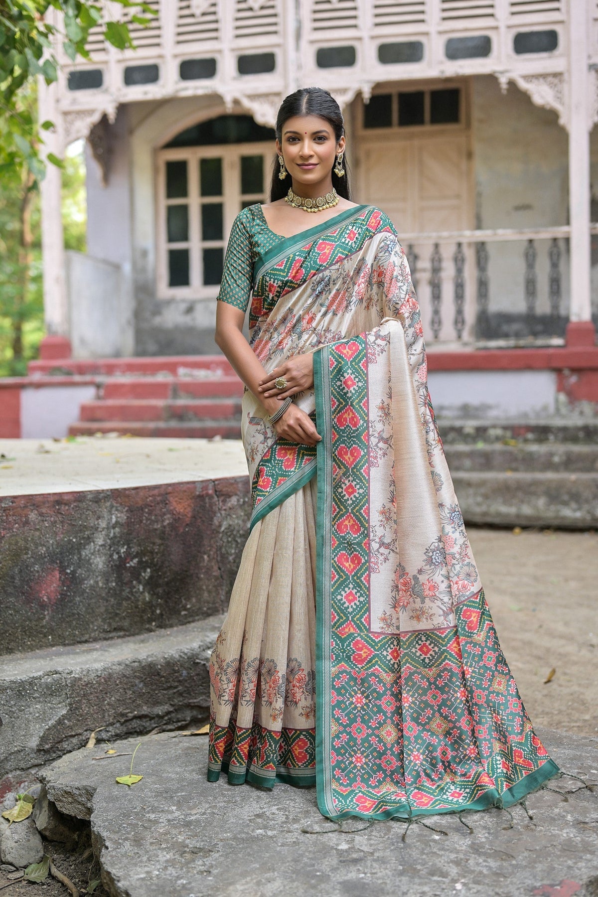 Elegant Beige Patola Silk Saree