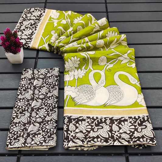 Graceful Olive Green and Black Kalamkari Cotton Saree