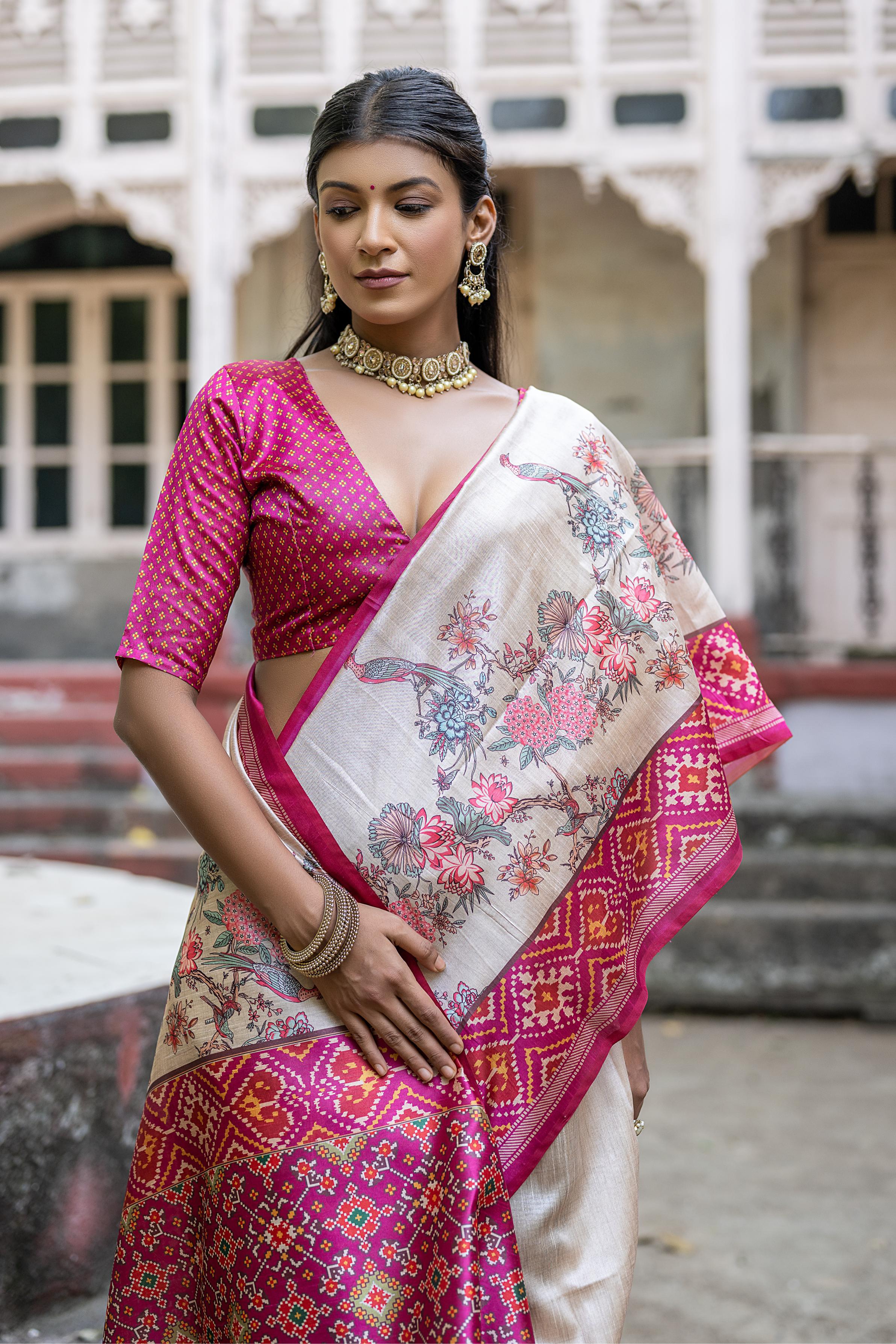 Pink Patola Silk Saree with Beige Base
