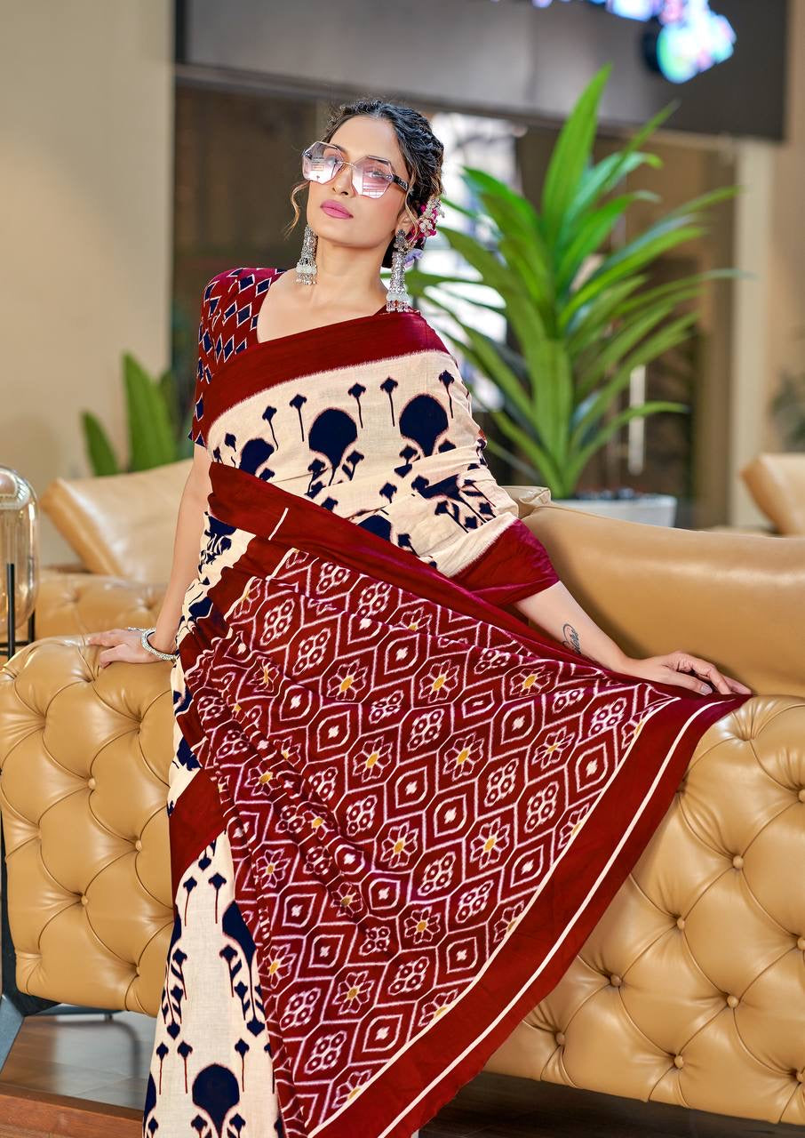 Off-White and Maroon Printed Cotton Saree