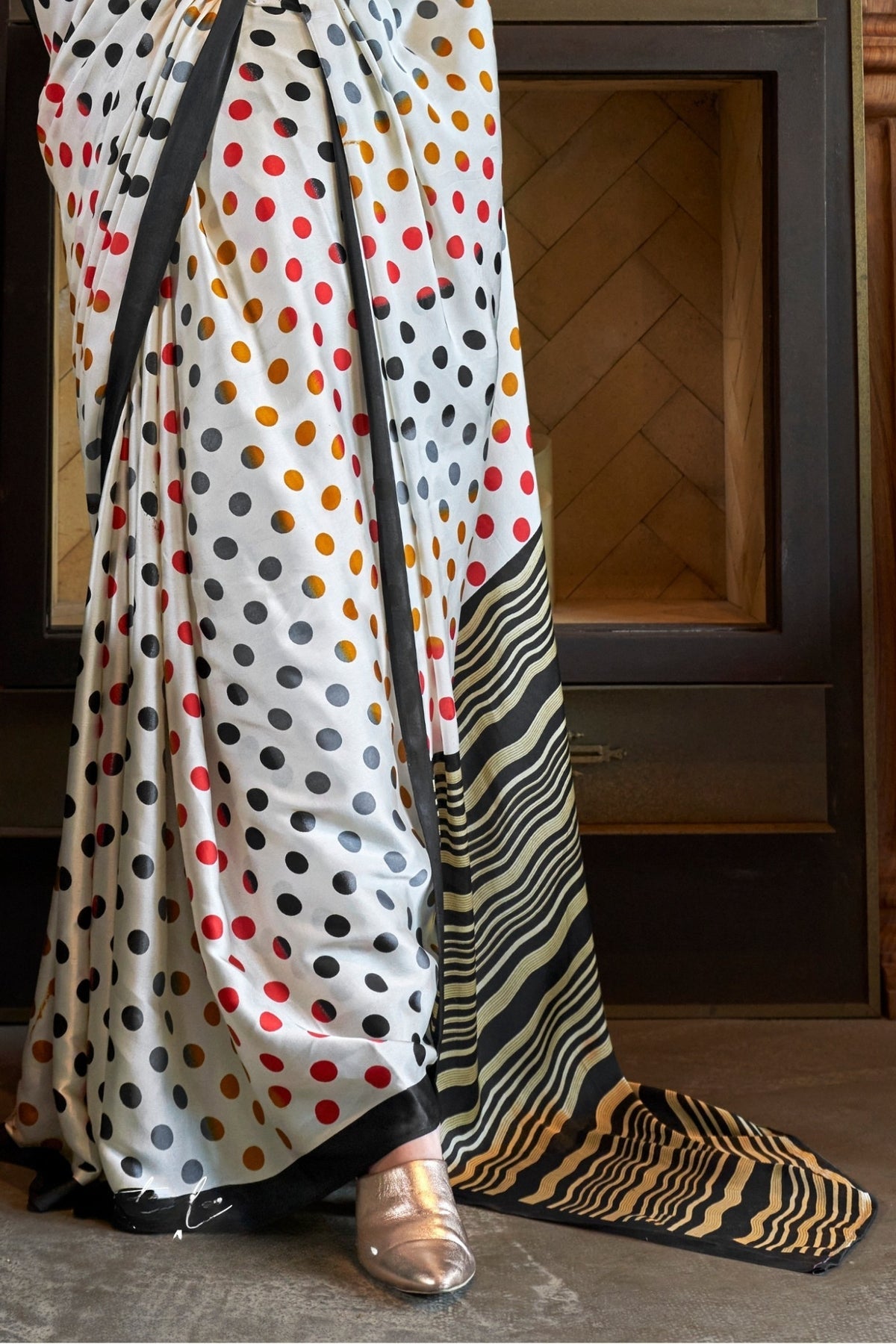 White and Black Ajrakh Patola Printed Satin Crepe Saree