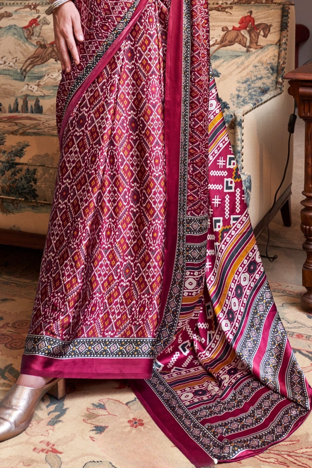 Maroon Ajrakh Patola Printed Satin Crepe Saree