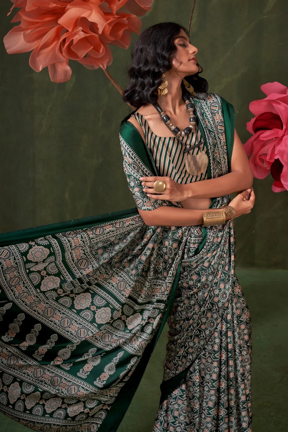 Green Ajrakh Printed Satin Crepe Silk Saree