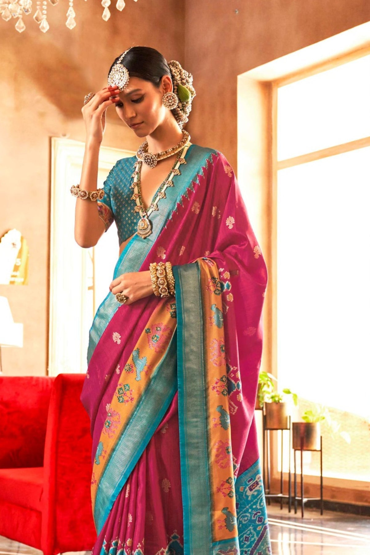 Magenta and Teal Printed Patola Saree