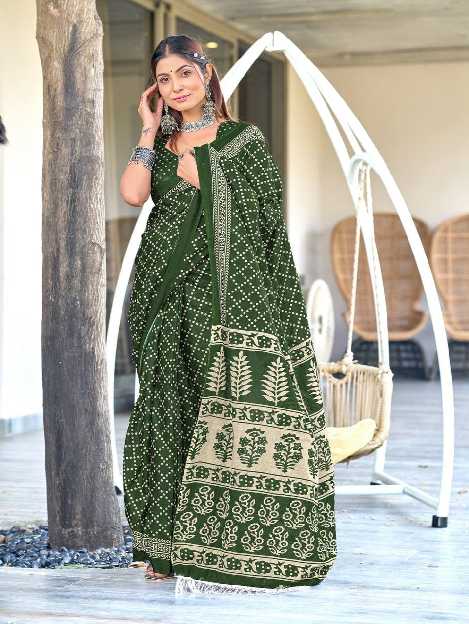 Olive Green Bandhani Print Cotton Saree