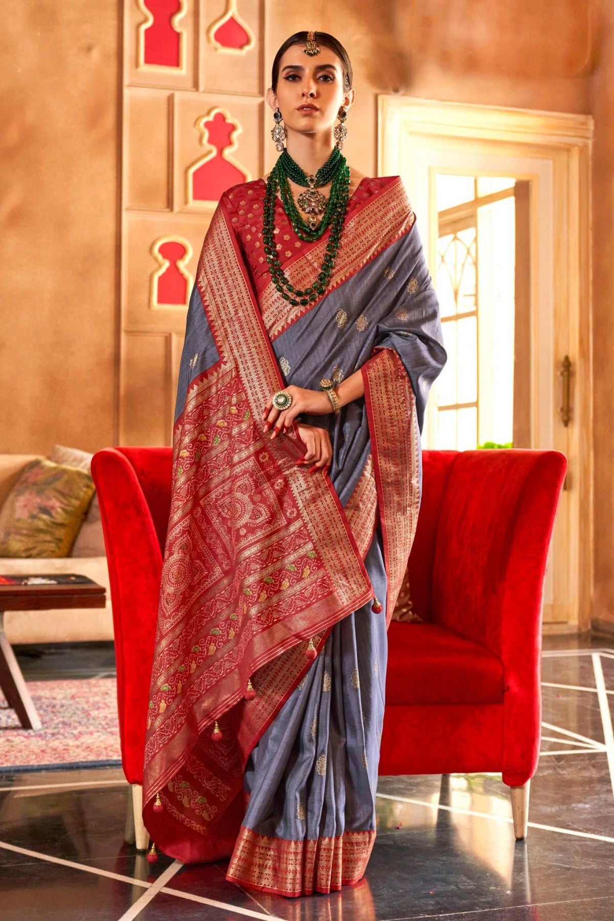 Grey and Red Printed Patola Saree