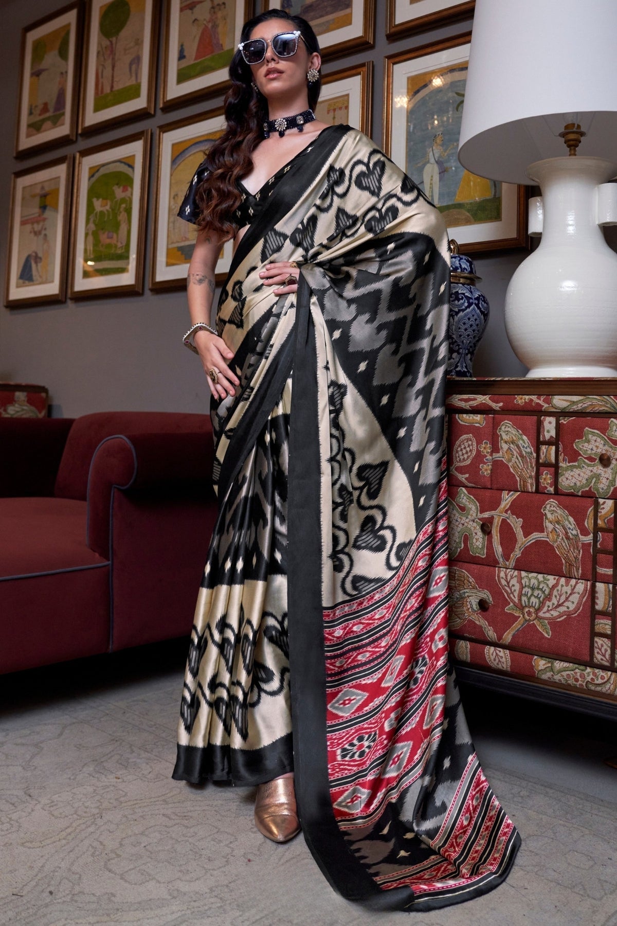 Black and Cream Ajrakh Patola Printed Satin Crepe Saree
