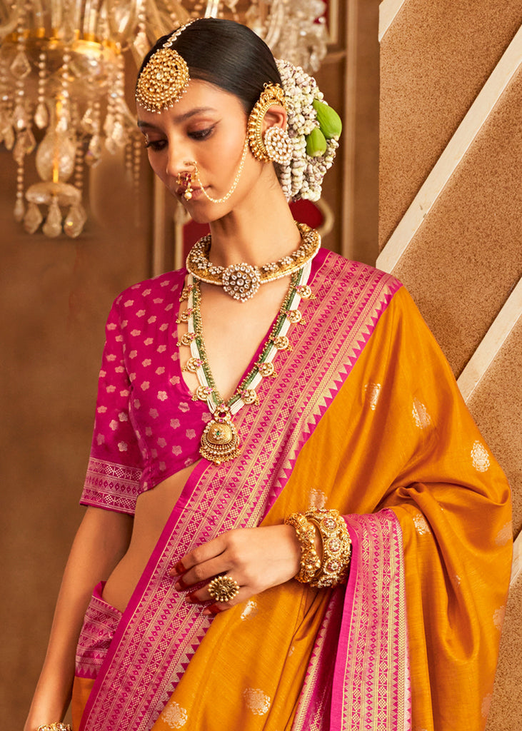 Yellow and Pink Printed Patola Saree