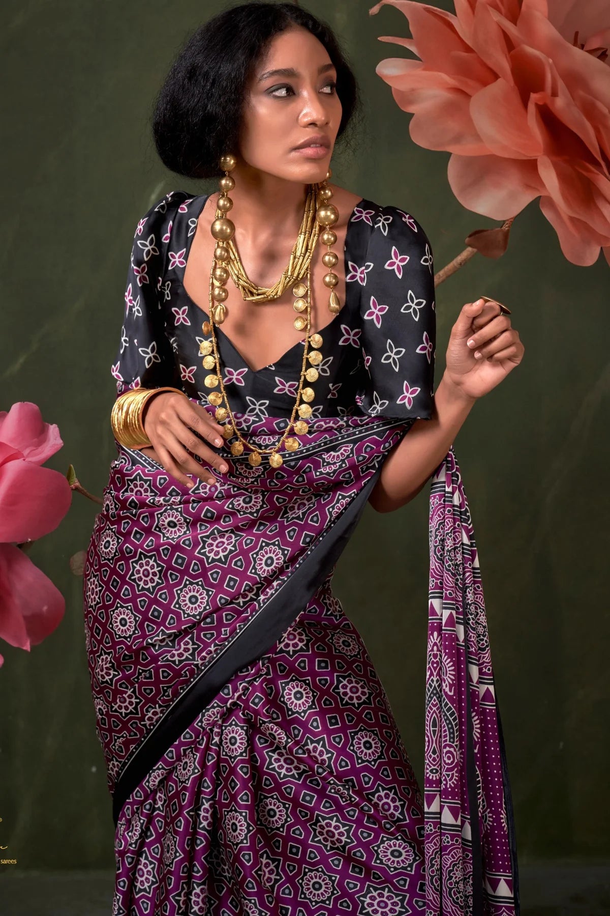 Purple Ajrakh Printed Satin Crepe Silk Saree
