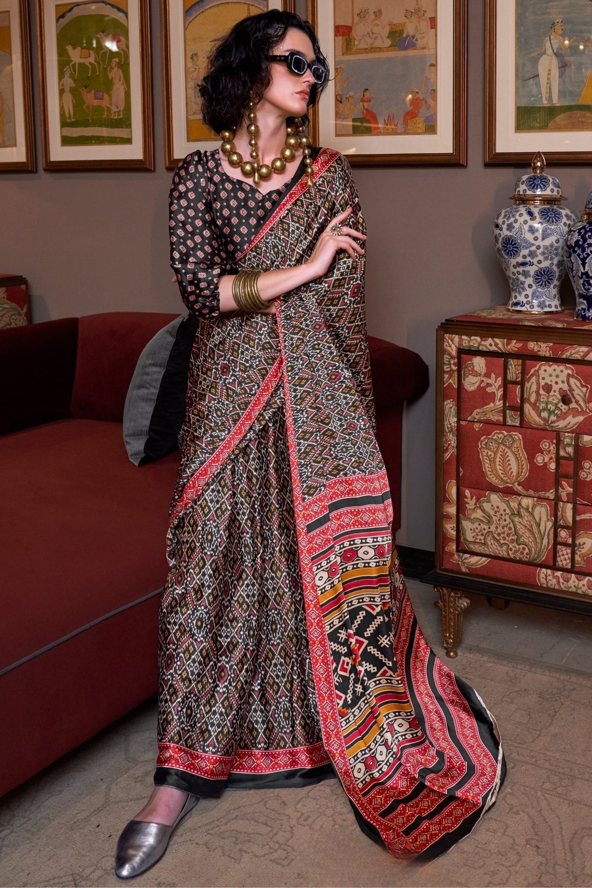 Black and Red Ajrakh Patola Printed Satin Crepe Saree