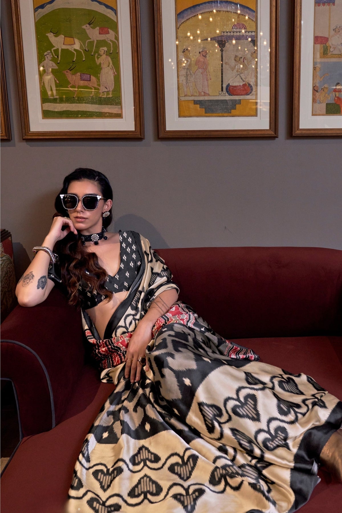 Black and Cream Ajrakh Patola Printed Satin Crepe Saree