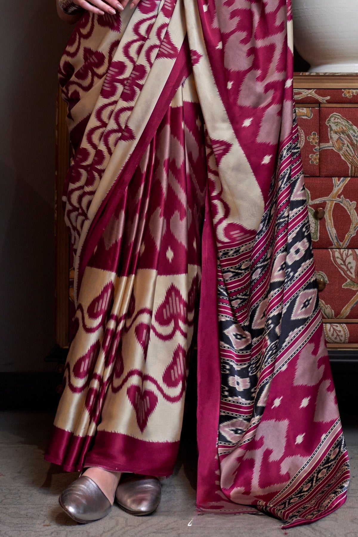 Aesthetic Maroon Ajrakh Patola Printed Satin Crepe Saree