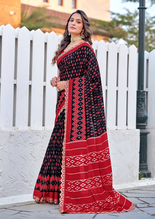 Elegant Black and Red Ikat Silk Saree