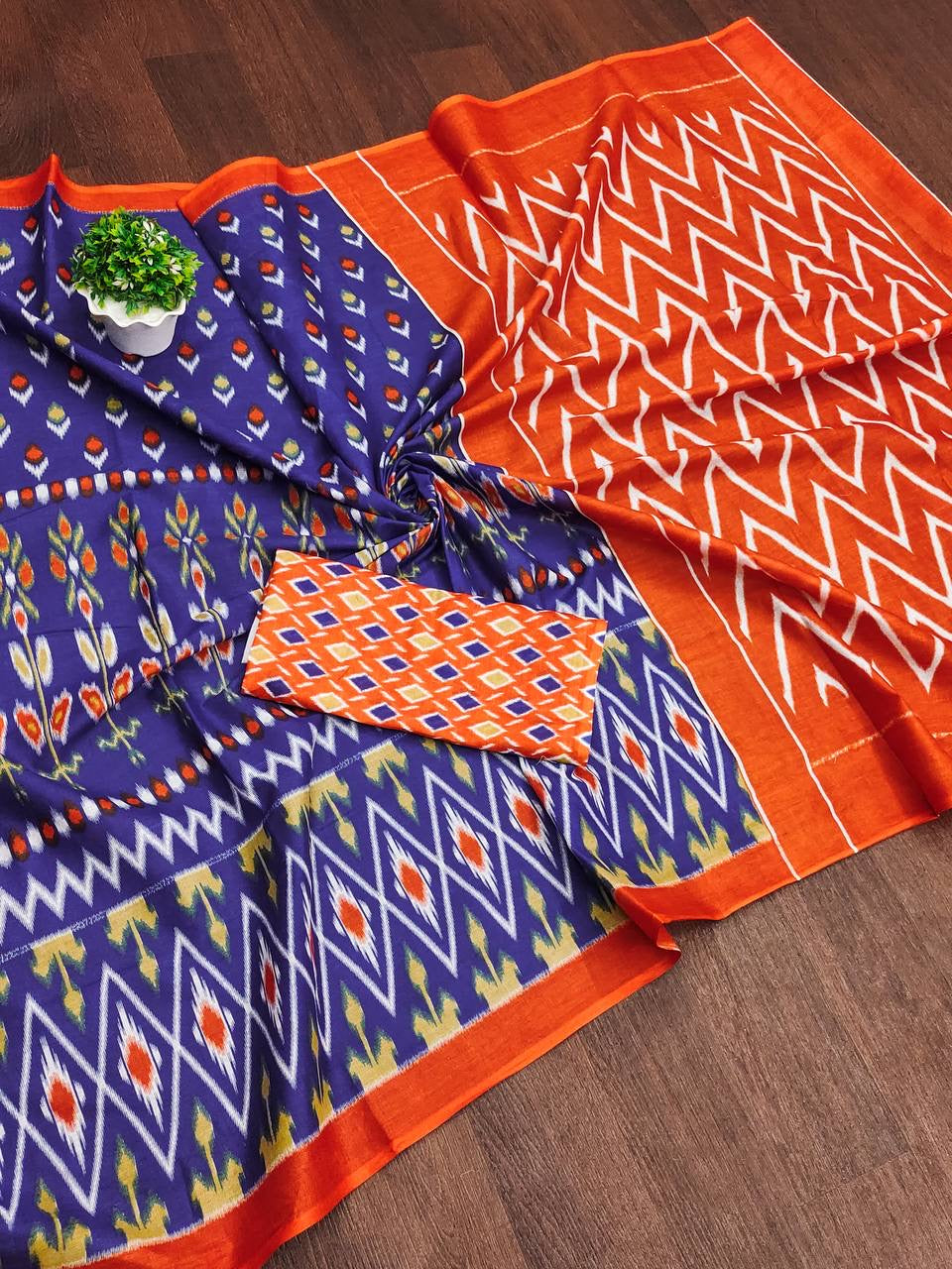 Royal Blue and Orange Ikkat Cotton Saree