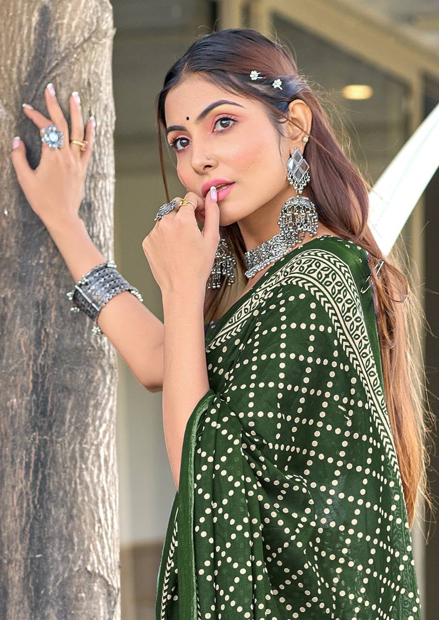Olive Green Bandhani Print Cotton Saree