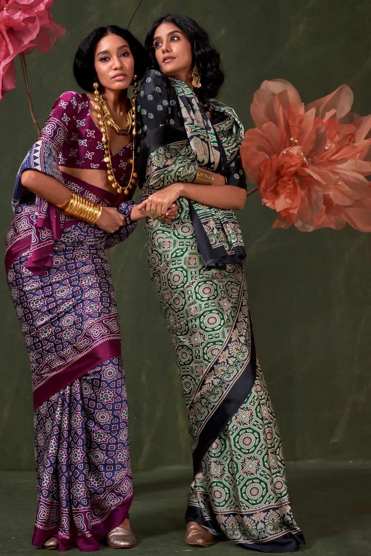Green Ajrakh Printed Satin Crepe Silk Saree