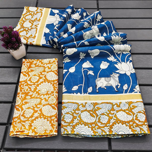 Deep Blue and Mustard Handcrafted Kalamkari Cotton Saree
