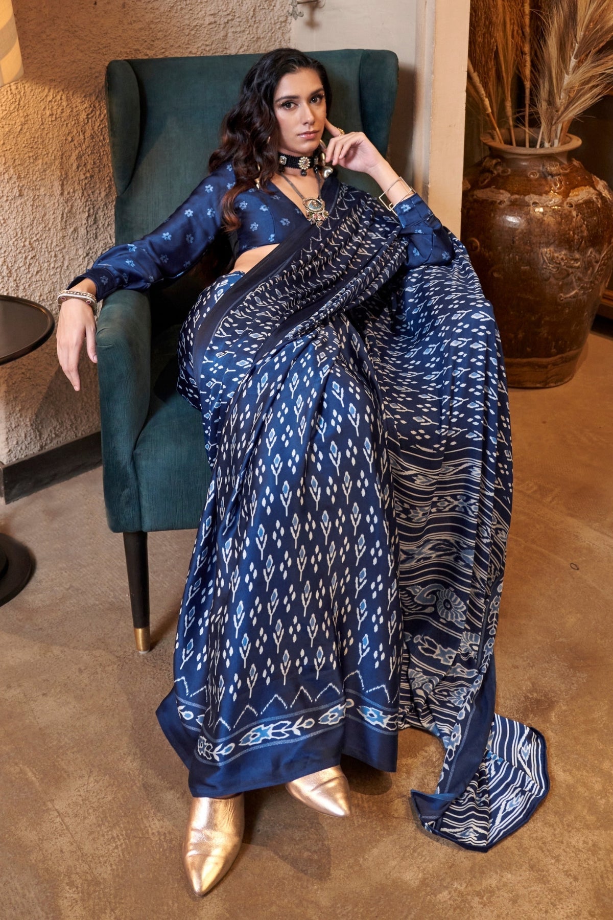 Egyptian Blue Ajrakh Patola Printed Satin Crepe Saree